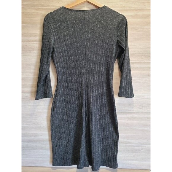 PerSeption Grey Sweater Dress XS – Ribbed Knit V-Neck 3/4 Sleeve Mini - Picture 2 of 7